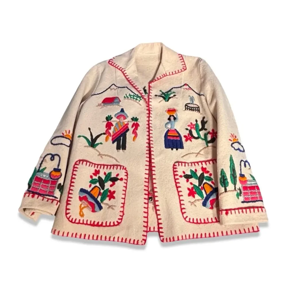 Vintage Hand Embroidered Folk Art Jacket Mexican Southwestern Wool Coat Medium - Picture 14 of 16
